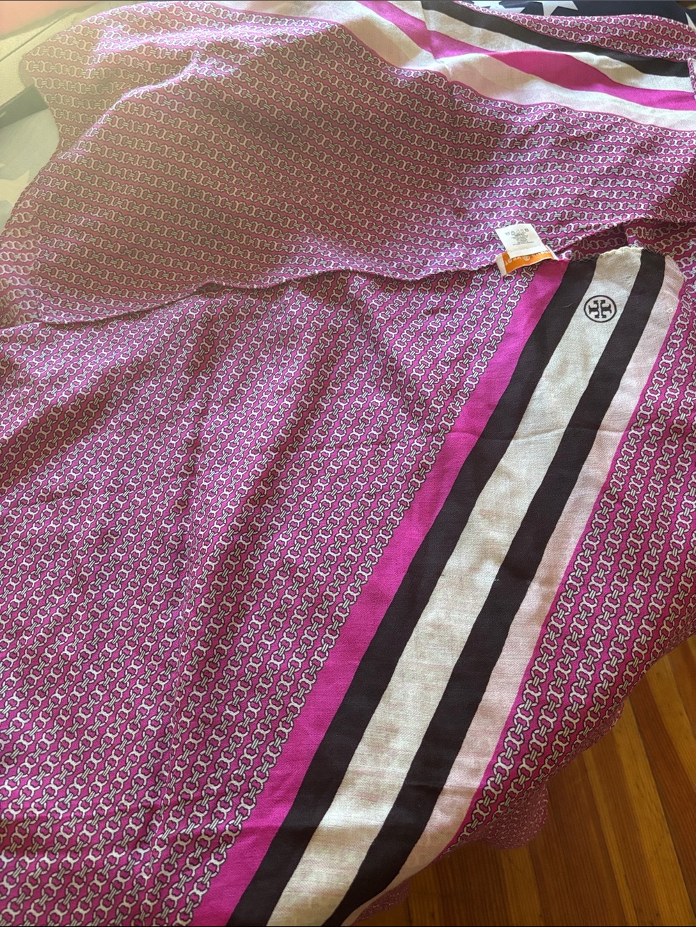 Tory Burch Fuchsia Logo Chain Stripe Scarf